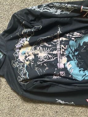 Black Graphic Crewneck Sweater with Skeleton Guitar Print